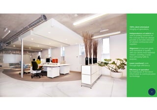 100% client orientated
integrity of operations.

Independence of advice as
well as priding ourselves on
the concept that we always
provide a non bias selection
of reliable contractors and
suppliers.

Alignment of our own goals
and standards of quality
with our clients most essential
mission, creating a result
that ultimately fulfils its
purpose.

Lower overhead costs
through high efficiency.

Efficiency of operation
by making use of the latest
information & communication
technology.
 