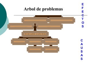 E
                 Arbol de problemas                                  F
                                                                     E
                                                                     C
                           ...............                           T
                                                                     O
  ....................                             ......            S

                 PR O BLEM A CEN TR AL


....................      .................     ..................   C
                                                                     A
                         ....................      ...........
                                                                     U
                                                                     S
                                                                     A
                                                                     S
 
