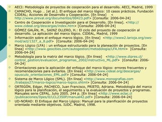    AECI: Metodología de proyectos de cooperación para el desarrollo. AECI, Madrid, 1999
   CAMACHO, Hugo … [et al.]. El enfoque del marco lógico: 10 casos prácticos. Fundación
    CIDEAL; Acciones de Desarrollo y Cooperación. [En línea] <
    http://www.preval.org/documentos/00423.pdf> [Consulta: 2006-04-24]
   Centro de Cooperación e Investigación para el Desarrollo. [En línea]. <http://
    www.cideal.org/descargas/index.htm> [Consulta: 2006-04-24]
   GÓMEZ GALÁN, M., SAINZ OLLERO, H.: El ciclo del proyecto de cooperación al
    desarrollo. La aplicación del marco lógico. CIDEAL, Madrid, 1999
   Información sobre el enfoque marco lógico. [En línea] <http://www2.larioja.org/ows-
    mod/act/1327_a_8.pdf> [Consulta: 2006-04-24]
   Marco Lógico (LFA) : un enfoque estructurado para la planeación de proyectos. [En
    línea] <http://www.geocities.com/autogestion/metodologia/LFA.html> [Consulta:
    2006-04-24]
   Metodología para la matriz del marco lógico. [En línea] <http://www.dipres.cl/
    control_gestion/evaluacion_programas_2002/instructivo_ML.pdf> [Consulta: 2006-
    04-24]
   Orientaciones para la aplicación del enfoque del marco lógico: errores frecuentes y
    recomendaciones para evitarlos. [En línea] <http://www.cideal.org/descargas/
    opusculo_orientaciones_EML.pdf> [Consulta: 2006-04-24]
   Sistema de Marco Lógico (SML). [En línea] <http://www.monografias.com
    /trabajos27/marco-logico/marco-logico.shtml> [Consulta: 2006-04-24]
   ORTEGÓN, Edgar, PACHECO, Juan Francisco, PRIETO, Adriana. Metodología del marco
    lógico para la planificación, el seguimiento y la evaluación de proyectos y programas.
    Manuales serie CEPAL. Julio 2005. 244 p. [En línea] <http://www.eclac.cl
    /publicaciones/Ilpes/0/LCL2350P/manual42.pdf> [Consulta: 2006-04-24]
   UD-NORAD: El Enfoque del Marco Lógico: Manual para la planificación de proyectos
    orientada mediante objetivos. IUDC. Madrid, 1998.
 
