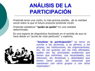 ANÁLISIS DE LA
PARTICIPACIÓN
Pretende tener una visión, lo más precisa posible, de la realidad
social sobre la que el futuro proyecto pretende incidir.
Pretende establecer “quién es quién” en una realidad
determinada.
Es una especie de diagnóstico focalizado en el sentido de que se
hace desde un “punto de vista particular” y explícito.
“Analizar la participación” es tener en
cuenta a las personas, a su género, a los
grupos, las instituciones, las organizaciones,
etc. Es ver quienes son los más afectados,
cuáles son los principales problemas que
tienen que enfrentar, sus necesidades, sus
intereses, las fortalezas y debilidades que
tienen como grupo, las relaciones que
mantienen con otros grupos o con otros
Implicados”.
 