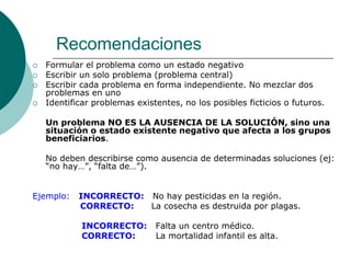 Recomendaciones
 Formular el problema como un estado negativo
 Escribir un solo problema (problema central)
 Escribir cada problema en forma independiente. No mezclar dos
problemas en uno
 Identificar problemas existentes, no los posibles ficticios o futuros.
Un problema NO ES LA AUSENCIA DE LA SOLUCIÓN, sino una
situación o estado existente negativo que afecta a los grupos
beneficiarios.
No deben describirse como ausencia de determinadas soluciones (ej:
“no hay…”, “falta de…”).
Ejemplo: INCORRECTO: No hay pesticidas en la región.
CORRECTO: La cosecha es destruida por plagas.
INCORRECTO: Falta un centro médico.
CORRECTO: La mortalidad infantil es alta.
 