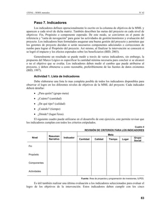 CEPAL - SERIE manuales N° 42
Paso 7. Indicadores
Los indicadores definen operacionalmente lo escrito en la columna de objetivos de la MML y
aparecen a cada nivel de dicha matriz. También describen las metas del proyecto en cada nivel de
objetivos: Fin, Propósito o componente esperado. De este modo, se convierten en el punto de
referencia y "carta de navegación" para guiar las actividades de gestión/monitoreo y evaluación del
proyecto. Los indicadores bien formulados aseguran una buena gestión del proyecto y permiten que
los gerentes de proyecto decidan si serán necesarios componentes adicionales o correcciones de
rumbo para lograr el Propósito del proyecto. Así mismo, al finalizar la intervención se conocerá si
se logró el impacto y los efectos esperados sobre los beneficiarios (BID, 2003).
Generalmente un resultado se puede medir a través de varios indicadores, sin embargo, la
propuesta del Marco Lógico es especificar la cantidad mínima necesaria para concluir si se alcanzó
o no el objetivo que se evalúa. Los indicadores deben medir el cambio que puede atribuirse al
proyecto, y deben obtenerse a costo razonable, preferiblemente de las fuentes de datos existentes
(BID, 1997).
Actividad 1. Lista de Indicadores
Debe elaborarse una lista lo mas completa posible de todos los indicadores disponibles para
observar el logro en los diferentes niveles de objetivos de la MML del proyecto. Cada indicador
deberá detallar:
• ¿Para quién? (grupo meta)
• ¿Cuánto? (cantidad)
• ¿De qué tipo? (calidad)
• ¿Cuándo? (tiempo)
• ¿Dónde? (lugar/Área).
El siguiente cuadro puede utilizarse en el desarrollo de este ejercicio, este permite revisar que
los indicadores cumplan con todos los criterios estipulados.
Cuadro 4
REVISIÓN DE CRITERIOS PARA LOS INDICADORES
Meta
Nivel
Resumen
Narrativo
Indicador
Cantidad Calidad Tiempo Lugar
Grupo
Social
Fin
Propósito
Componentes
Actividades
Fuente: Área de proyectos y programación de inversiones, ILPES.
Es útil también realizar una última evaluación a los indicadores seleccionados para evaluar el
logro de los objetivos de la intervención. Estos indicadores deben cumplir con los cinco
83
 