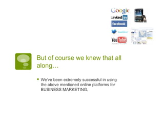 But of course we knew that all
along…

   We’ve been extremely successful in using
    the above mentioned online platforms for
    BUSINESS MARKETING.
 