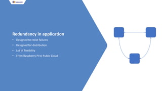 Redundancy in application
• Designed to resist failures
• Designed for distribution
• Lot of flexibility
• From Raspberry PI to Public Cloud
 