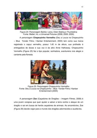 65

Figura 24: Personagem Barbie: Liana, Eden Staling e Thumbelina
Fonte: Mattel, Inc. e Universal Pictures (2008; 2008; 2009)
A personagem Chapeuzinho Vermelho (Deu a Louca na Chapeuzinho
– Blue

Yonder Films / Kanbar Entertainment, 2005) tem como sua marca

registrada o capuz vermelho, possui 1,40 m de altura, sua profissão é
entregadora de doces e sua voz é da atriz Anne Hathaway. Chapeuzinho
Vermelho (Figura 25) faz o tipo popular, sonhadora, aventureira vive alegre e
cantante pela floresta.

Figura 25: Personagem Chapeuzinho Vermelho
Fonte: Deu a Louca na Chapeuzinho – Blue Yonder Films / Kanbar
Entertainment (2005)

A personagem Zoe (Caçadores de Dragões – Imagem Filmes, 2008) é
uma jovem corajosa que quer ajudar a salvar a terra contra o ataque de um
dragão e sai em busca de heróis caçadores de animais. Ao encontrá-los, Zoe
(Figura 26) decide viajar para o mundo dos dragões adormecidos e auxiliá-los.

 