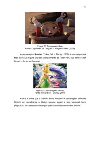 66

Figura 26: Personagem Zoe
Fonte: Caçadores de Dragões – Imagem Filmes (2008)
A personagem Sininho (Tinker Bell – Disney, 2008) é uma pequenina
fada travessa (Figura 27) leal acompanhante de Peter Pan, cujo sonho é ter
tamanho de um ser humano.

Figura 27: Personagem Sininho
Fonte: Tinker Bell – Disney (2008)
Conta a lenda que a Disney tenha moldado o personagem animado
Sininho em semelhança a Marilyn Monroe, porém a atriz Margaret Kerry
(Figura 28) foi a verdadeira inpiração para os animadores criarem Sininho.

 