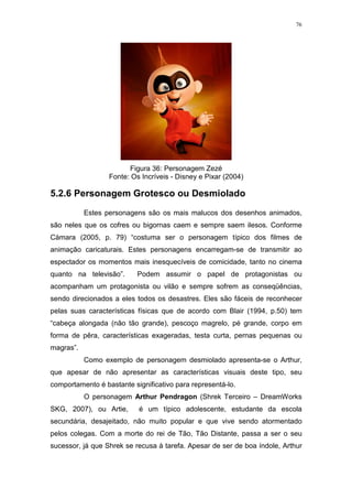 76

Figura 36: Personagem Zezé
Fonte: Os Incríveis - Disney e Pixar (2004)

5.2.6 Personagem Grotesco ou Desmiolado
Estes personagens são os mais malucos dos desenhos animados,
são neles que os cofres ou bigornas caem e sempre saem ilesos. Conforme
Càmara (2005, p. 79) “costuma ser o personagem típico dos filmes de
animação caricaturais. Estes personagens encarregam-se de transmitir ao
espectador os momentos mais inesquecíveis de comicidade, tanto no cinema
quanto na televisão”.

Podem assumir o papel de protagonistas ou

acompanham um protagonista ou vilão e sempre sofrem as conseqüências,
sendo direcionados a eles todos os desastres. Eles são fáceis de reconhecer
pelas suas características físicas que de acordo com Blair (1994, p.50) tem
“cabeça alongada (não tão grande), pescoço magrelo, pé grande, corpo em
forma de pêra, características exageradas, testa curta, pernas pequenas ou
magras”.
Como exemplo de personagem desmiolado apresenta-se o Arthur,
que apesar de não apresentar as características visuais deste tipo, seu
comportamento é bastante significativo para representá-lo.
O personagem Arthur Pendragon (Shrek Terceiro – DreamWorks
SKG, 2007), ou Artie,

é um típico adolescente, estudante da escola

secundária, desajeitado, não muito popular e que vive sendo atormentado
pelos colegas. Com a morte do rei de Tão, Tão Distante, passa a ser o seu
sucessor, já que Shrek se recusa à tarefa. Apesar de ser de boa índole, Arthur

 