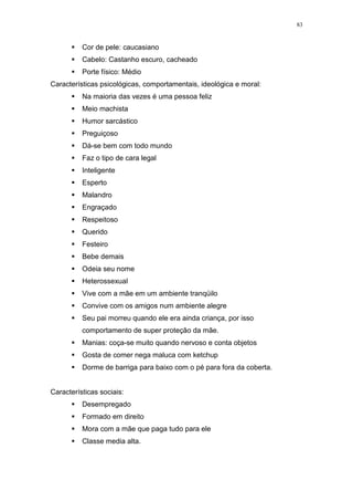 83

Cor de pele: caucasiano
Cabelo: Castanho escuro, cacheado
Porte físico: Médio
Características psicológicas, comportamentais, ideológica e moral:
Na maioria das vezes é uma pessoa feliz
Meio machista
Humor sarcástico
Preguiçoso
Dá-se bem com todo mundo
Faz o tipo de cara legal
Inteligente
Esperto
Malandro
Engraçado
Respeitoso
Querido
Festeiro
Bebe demais
Odeia seu nome
Heterossexual
Vive com a mãe em um ambiente tranqüilo
Convive com os amigos num ambiente alegre
Seu pai morreu quando ele era ainda criança, por isso
comportamento de super proteção da mãe.
Manias: coça-se muito quando nervoso e conta objetos
Gosta de comer nega maluca com ketchup
Dorme de barriga para baixo com o pé para fora da coberta.

Características sociais:
Desempregado
Formado em direito
Mora com a mãe que paga tudo para ele
Classe media alta.

 