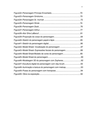 9

Figura32–Personagem Príncipe Encantado.....................................................70
Figura33–Personagem Síndrome.....................................................................70
Figura34–Personagem Sr. Incrível ...................................................................72
Figura35–Personagem Shrek ..........................................................................74
Figura36–Personagem Zezé.............................................................................76
Figura37–Personagem Arthur...........................................................................77
Figura38–Ator Shia LaBeouf.............................................................................81
Figura39–Proporção do corpo do personagem.................................................84
Figura40–Sketch do personagem papel e lápis ...............................................85
Figura41–Sketch do personagem digital...........................................................86
Figura42–Model Sheet- Vocalização do personagem ......................................87
Figura43–Model Sheet- Expressões faciais do personagem............................88
Figura44–Model Sheet-Modelo de cores do personagem................................89
Figura45–Model Sheet do personagem.............................................................90
Figura46–Modelagem 3D do personagem com Zspheres.................................92
Figura47–Escultura digital do personagem com clay brush..............................93
Figura48–Iluminação e textura do personagem com matcap............................93
Figura49–Poses do personagem com transpose..............................................94
Figura50- Obra na exposição............................................................................94

 