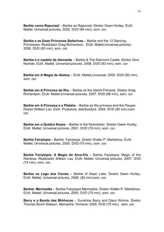 99

Barbie como Rapunzel – Barbie as Rapunzel. Diretor Owen Hurley. EUA:
Mattel, Universal pictures, 2002. DVD (84 min), som, cor.

Barbie e as Doze Princesas Bailarinas – Barbie and the 12 Dancing
Princesses. Realizador Greg Richardson . EUA: Mattel,Universal pictures,
2006. DVD (82 min), som, cor.

Barbie e o castelo de diamante – Barbie & The Diamond Castle. Diretor Gino
Nichele. EUA: Mattel, Universal pictures, 2008. DVD (83 min), som, cor.

Barbie em A Magia de Aladus – EUA: Mattel,Universal, 2005. DVD (80 min),
som, cor.

Barbie em A Princesa da Ilha – Barbie as the Island Princess. Diretor Greg
Richardson. EUA: Mattel,Universal pictures, 2007. DVD (86 min), som, cor.

Barbie em A Princesa e a Plebéia – Barbie as the princess and the Pauper.
Diretor William Lau. EUA: Produtora, distribuidora, 2004. DVD (85 min),som,
cor.

Barbie em o Quebra Nozes – Barbie in the Nutcracker. Diretor Owen Hurley.
EUA: Mattel, Universal pictures, 2001. DVD (78 min), som, cor.

Barbie Fairytopia – Barbie: Fairytopia. Diretor Walter P. Martishius. EUA:
Mattel, Universal pictures, 2005. DVD (70 min), som, cor.

Barbie Fairytopia: A Magia do Arco-Íris – Barbie Fairytopia: Magic of the
Rainbow. Realizador William Lau. EUA: Mattel, Universal pictures, 2007. DVD
(74 min), som, cor.

Barbie no Lago dos Cisnes – Barbie of Swan Lake. Diretor Owen Hurley.
EUA: Mattel, Universal pictures, 2008. (82 min),som, cor.

Barbie: Mermaidia – Barbie Fairytopia Mermaidia. Diretor Walter P. Martishius.
EUA: Mattel, Universal pictures, 2005. DVD (75 min), som, cor.
Barry e a Banda das Minhocas – Sunshine Barry and Disco Worms. Diretor
Thomas Borch Nielsen. Alemanha: Ormene, 2009. DVD (75 min), som, cor.

 