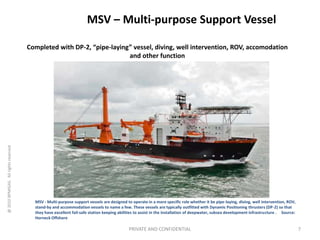 MSV – Multi-purpose Support Vessel
7
MSV - Multi-purpose support vessels are designed to operate in a more specific role whether it be pipe-laying, diving, well intervention, ROV,
stand-by and accommodation vessels to name a few. These vessels are typically outfitted with Dynamic Positioning thrusters (DP-2) so that
they have excellent fail-safe station keeping abilities to assist in the installation of deepwater, subsea development infrastructure . Source:
Horneck Offshore
Completed with DP-2, “pipe-laying” vessel, diving, well intervention, ROV, accomodation
and other function
@2010BPMIGAS.Allrightsreserved
PRIVATE AND CONFIDENTIAL
 