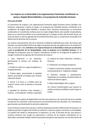 Las mujeres en su diversidad y las organizaciones feministas manifiestan su apoyo a Ángela María Robledo y a la propuesta de Colombia Humana