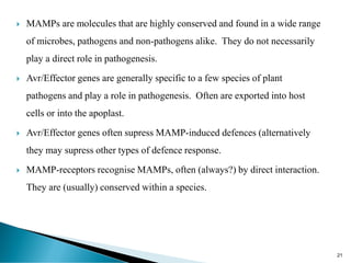  MAMPs are molecules that are highly conserved and found in a wide range
of microbes, pathogens and non-pathogens alike. They do not necessarily
play a direct role in pathogenesis.
 Avr/Effector genes are generally specific to a few species of plant
pathogens and play a role in pathogenesis. Often are exported into host
cells or into the apoplast.
 Avr/Effector genes often supress MAMP-induced defences (alternatively
they may supress other types of defence response.
 MAMP-receptors recognise MAMPs, often (always?) by direct interaction.
They are (usually) conserved within a species.
21
 
