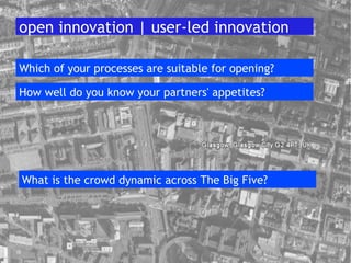 Which of your processes are suitable for opening? How well do you know your partners' appetites? open innovation | user-led innovation What is the crowd dynamic across The Big Five? 