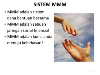 SISTEM MMM
• MMM adalah sistem
dana bantuan bersama
• MMM adalah sebuah
jaringan sosial finansial
• MMM adalah kunci anda
menuju kebebasan!
*
 