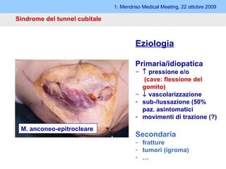 Sindrome del tunnel cubitale 1. Mendriso Medical Meeting, 22 ottobre 2009 Eziologia Primaria/idiopatica    pressione e/o   (cave: flessione del  gomito)    vascolarizzazione sub-/lussazione (50% paz. asintomatici movimenti di trazione (?)  Secondaria fratture tumori (igroma) … M. anconeo-epitrocleare 
