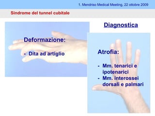 1. Mendriso Medical Meeting, 22 ottobre 2009 Sindrome del tunnel cubitale Diagnostica Deformazione: - Dita ad artiglio Atrofia: - Mm. tenarici e ipotenarici - Mm. interossei  dorsali e palmari 