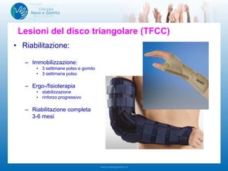 Lesioni del disco triangolare (TFCC)
• Riabilitazione:
– Immobilizzazione:
• 3 settimane polso e gomito
• 3 settimane polso
– Ergo-/fisioterapia
• stabilizzazione
• rinforzo progressivo
– Riabilitazione completa
3-6 mesi
 