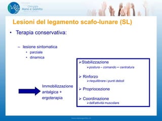 • Terapia conservativa:
– lesione sintomatica
• parziale
• dinamica
Immobilizzazione
antalgica +
ergoterapia
Stabilizzazione
postura – comando – centratura
 Rinforzo
riequilibrare i punti deboli
 Propriocezione
 Coordinazione
dell'attività muscolare
Lesioni del legamento scafo-lunare (SL)
 
