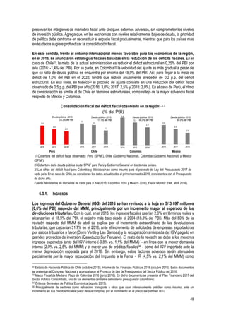 48
preservar los márgenes de maniobra fiscal ante choques externos adversos, sin comprometer los niveles
de inversión pública. Agrega que, en las economías con niveles relativamente bajos de deuda, la prioridad
de política debe centrarse en reconstituir el espacio fiscal gradualmente, mientras que para los países más
endeudados sugiere profundizar la consolidación fiscal.
En este sentido, frente al entorno internacional menos favorable para las economías de la región,
en el 2015, se anunciaron estrategias fiscales basadas en la reducción de los déficits fiscales. En el
caso de Chile31, la meta de la actual administración es reducir el déficit estructural en 0,25% del PBI por
año (2016: -1,4% del PBI). Por su parte, en Colombia32 la velocidad del ajuste es más gradual a pesar de
que su ratio de deuda pública se encuentra por encima del 45,0% del PBI. Así, para llegar a la meta de
déficit de 1,0% del PBI en el 2022, tendrá que reducir anualmente alrededor de 0,2 p.p. del déficit
estructural. En esa línea, en México33 el proceso de ajuste consiste en una reducción del déficit fiscal
observado de 0,5 p.p. del PBI por año (2016: 3,0%; 2017: 2,5% y 2018: 2,0%). En el caso de Perú, el ritmo
de consolidación es similar al de Chile en términos estructurales, como reflejo de la mayor solvencia fiscal
respecto de México y Colombia.
Consolidación fiscal del déficit fiscal observado en la región1, 2, 3
(% del PBI)
1/ Cobertura del déficit fiscal observado: Perú (SPNF), Chile (Gobierno Nacional), Colombia (Gobierno Nacional) y México
(SPNF).
2/ Cobertura de la deuda pública bruta: SPNF para Perú y Gobierno General en los demás países.
3/ Las cifras del déficit fiscal para Colombia y México sirven como insumo para el proyecto de Ley del Presupuesto 2017 de
cada país. En el caso de Chile, se consideran los datos actualizados al primer semestre 2016, consistentes con el Presupuesto
de dicho año.
Fuente: Ministerios de Hacienda de cada país (Chile 2015, Colombia 2016 y México 2016), Fiscal Monitor (FMI, abril 2016).
6.3.1. INGRESOS
Los ingresos del Gobierno General (IGG) del 2016 se han revisado a la baja en S/ 3 097 millones
(0,6% del PBI) respecto del MMM, principalmente por un incremento mayor al esperado de las
devoluciones tributarias. Con lo cual, en el 2016, los ingresos fiscales caerían 2,0% en términos reales y
alcanzarían el 18,9% del PBI, el registro más bajo desde el 2004 (18,3% del PBI). Más del 80% de la
revisión respecto del MMM de abril se explica por el incremento extraordinario de las devoluciones
tributarias, que crecerían 31,7% en el 2016, ante el incremento de solicitudes de empresas exportadoras
por saldos tributarios a favor (Cerro Verde y Las Bambas) y la recuperación anticipada del IGV pagado en
grandes proyectos de inversión (Gasoducto Sur Peruano). El resto de la revisión se debe a los menores
ingresos esperados tanto del IGV interno (-0,8% vs. 1,1% del MMM) – en línea con la menor demanda
interna (2,0% vs. 2,5% del MMM) y el mayor uso de créditos fiscales34 – como del IGV importado ante la
menor depreciación esperada para el 2016. Sin embargo, estos factores adversos serán atenuados
parcialmente por la mayor recaudación del Impuesto a la Renta - IR (4,5% vs. 2,1% del MMM) como
31 Estado de Hacienda Pública de Chile (octubre 2015); Informe de las Finanzas Públicas 2016 (octubre 2015). Estos documentos
se presentan al Congreso Nacional y acompañaron el Proyecto de Ley de Presupuestos del Sector Público del 2016.
32 Marco Fiscal de Mediano Plazo de Colombia 2016 (junio 2016). En dicho documento se presenta el Plan Financiero 2017 del
Sector Público Consolidado, uno de los elementos centrales del sistema presupuestal colombiano.
33 Criterios Generales de Política Económica (agosto 2015).
34 Principalmente de sectores como refinación, transporte y otros que usan intensivamente petróleo como insumo, ante un
incremento en sus créditos fiscales (valor de sus compras) por el incremento en el precio del petróleo WTI.
Perú Chile Colombia México
3,2
3,0
2,3
2016 2017 2018
Deuda pública 2015:
17,1% del PBI
3,9
3,3
2,7
2016 2017 2018
Deuda pública 2015:
49,4% del PBI
3,0
2,5
2,0
2016 2017 2018
Deuda pública 2015:
54,0% del PBI
3,0
2,5
2,3
2016 2017 2018
Deuda pública 2015 :
23,3% del PBI
 