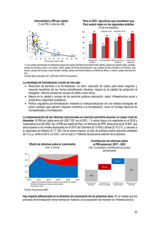 60
Informalidad y PBI per cápita1
(% del PBI y miles de US$)
Perú al 2021: ejecutivos que consideran que
Perú estará mejor en los siguientes ámbitos
(% de encuestados)
1/ Los colores representan los diferentes grupos de ingreso del Banco Mundial donde celeste, países de ingresos altos; amarillo,
países de América Latina y el Caribe; verde, países de África Subsahariana; rojo, países de Asia Oriental y el Pacífico; azul
oscuro, países de Europa y Asia Central; naranja, países de Oriente Medio y el Norte de África; y marrón, países del Asia del
Sur.
Fuente: Banco Mundial, OIT, CEPLAN, APOYO Consultoría.
La estrategia de formalización consta de tres ejes:
 Reducción de barreras a la formalización, es decir, reducción de costos para hacer negocios y
mayores beneficios de ser formal (simplificación tributaria, mejora en la calidad de protección al
trabajador, reforma previsional, acceso al crédito, entre otros).
 Mejora en la calidad y acceso de los servicios públicos (educación, salud, infraestructura social y
productiva y seguridad ciudadana).
 Política regulatoria pro-formalización mediante la institucionalización de una entidad encargada de
tomar medidas para generar mayores incentivos a la formalización, como el Consejo Nacional de
Competitividad y Formalización.
La implementación de las reformas estructurales en mención permitiría alcanzar un mayor nivel de
bienestar. El PBI per cápita sería de US$ 7 921 en el 2021, 1,3 veces mayor a lo registrado en el 2016 y
cuadruplicaría al del 2000. Así, el PBI per cápita de Perú, en términos de PPP, alcanzaría los $ 16 897, que
sería superior a los niveles alcanzados en el 2015 de Colombia ($ 13 450) y Brasil ($ 16 211), y cercano a
lo alcanzado por México ($ 17 150). De la misma manera, el ratio de pobreza podría reducirse alrededor
de 7,0 p.p. entre el 2015 y el 2021, con lo cual 2,1 millones de peruanos saldrían de la pobreza.
Efecto de reformas sobre el crecimiento
(Var. % anual)
Contribución de reformas sobre
el PBI potencial, 2017 - 2021
(Var. % promedio y contribución en puntos
porcentuales)
Fuente: Proyecciones MEF.
Hay impacto diferenciado en la dinámica de crecimiento de los próximos años. En la medida que los
procesos de formalización toman tiempo en madurar, es la expansión de inversión en infraestructura la
ALB
ARM
AUS
AUTAZE
BLR
BRA
BGR
HRV
CZE
EST
GEO
HUN
IRL
ITA
KAZ
LTU
MEX
MDA
MNG
NLD NOR
PER
POL
ROU
RUS
SRB
ESP
SWE
TJK
UKR
UZB
0
5
10
15
20
25
30
0 10 20 30 40 50 60 70 80 90 100
Informalidad(%delPBI)
PBI per cápita (miles de US$)
55
48
67 67
95
80
84
95
0
20
40
60
80
100
Gestión del
Estado
Formalización Reducción de la
pobreza
Entorno de
negocios
Agosto 2015 Agosto 2016
3,0
3,5
4,0
4,5
5,0
2016 2017 2018 2019 2020 2021
Efecto crecimiento extensivo (mayor acumulación de capital)
Efecto formalización (mayor productividad)
Escenario base
4,0%
5,0%
0,5 p.p.
0,5 p.p.
Escenario sin
reformas
Aumento en el
stock de capital
Aumento en la
productividad
Escenario con
reformas
 