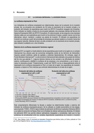 62
8. RECUADROS
44 FMI – Blog: Diálogo a fondo. El crecimiento se desacelera: Perspectivas para América Latina y el Caribe, publicado en 15 de
julio, 2015 por Alejandro Werner. http://blog-dialogoafondo.org/?p=5592.
8.1 LA CONFIANZA EMPRESARIAL Y LA INVERSIÓN PRIVADA
La confianza empresarial en Perú
Los indicadores de confianza empresarial son determinantes claves de la evolución de la inversión
privada. Así, se encuentra una correlación de 0,8 entre el crecimiento de la inversión privada y la
evolución del indicador de expectativas para invertir de APOYO Consultoría rezagado dos trimestres.
Dicho indicador es medido a través de una encuesta realizada a las empresas clientes del Servicio de
Asesoría Empresarial (SAE) de APOYO Consultoría. En esta encuesta, se les pregunta a las empresas
clientes cuáles son sus expectativas para invertir en los próximos 6 meses y pueden marcar una de tres
alternativas: reducir, mantener o acelerar sus planes de inversión. El indicador de expectativas de
inversión se construye a partir del porcentaje de empresas que planean acelerar su inversión menos las
que esperan reducirla. Además de tener una alta correlación con el crecimiento de la inversión privada,
este indicador la adelanta uno o dos trimestres.
Deterioro de la confianza empresarial: fenómeno regional
Desde el 2013, se registró un fuerte deterioro de las expectativas para invertir en la región en un contexto
internacional muy adverso para las economías emergentes (caída de los términos de intercambio,
mayores spreads crediticios, salida de capitales y presiones depreciatorias). Sin embargo, según el
Fondo Monetario Internacional44
, no sólo el entorno internacional había afectado a los países de América
del Sur sino que además “[…] algunos factores internos se han sumado a las dificultades de carácter
externo, contribuyendo a debilitar la confianza de las empresas y los consumidores y, por lo tanto, a
reducir la demanda privada”. Posteriormente, a partir del 1S2016, se da un desacoplamiento entre el
desempeño de la confianza empresarial en Perú y el resto de la región: las expectativas de inversión
empiezan a mejorar en Perú mientras que continúan deteriorándose en el resto de la región.
Evolución del índice de confianza
empresarial en LA41 y LA52
(Puntos)
Evolución del índice de confianza
empresarial en LA41
(Puntos)
1/ LA4: Perú, Colombia, Chile y México.
2/ LA5: Perú, Colombia, Chile, México y Brasil.
3/ De acuerdo al BCRP, para que el indicador de confianza empresarial sea comparable con los de la región, se “estandariza”
el indicador de expectativas de inversión a 6 meses de APOYO Consultoría, dividiéndolo entre 2 y sumando 50 puntos.
Fuente: Bloomberg, APOYO Consultoría.
Este comportamiento diferenciado ha llevado a analizar los determinantes locales y externos del
indicador de confianza empresarial peruano. Se ha utilizado un modelo econométrico en dos etapas,
para el periodo 1T2003 - 2T2016, bajo el método de estimación de Mínimos Cuadrados Ordinarios (MCO)
y se realizó la corrección de Newey-West con la finalidad de obtener estimaciones eficientes. El método
de estimación MCO nos permite obtener estimadores insesgados y consistentes, dado que no hay
problemas de simultaneidad entre las variables dependientes (expectativas de inversión e inversión
88
79
70
75
80
85
90
95
100
105
110
2007 2008 2009 2010 2011 2012 2013 2014 2015 1S2016
Índice de confianza empresarial LA4
Índice de confianza empresarial LA5Tramo optimista
Tramo pesimista
63,5
53,0
43,5
48,5
39,1
30
40
50
60
70
80
90
2007 2008 2009 2010 2011 2012 2013 2014 2015 1S2016 Ago-16
Perú
Colombia
Chile
México
Brasil
Tramo optimista
Tramo pesimista
3
 