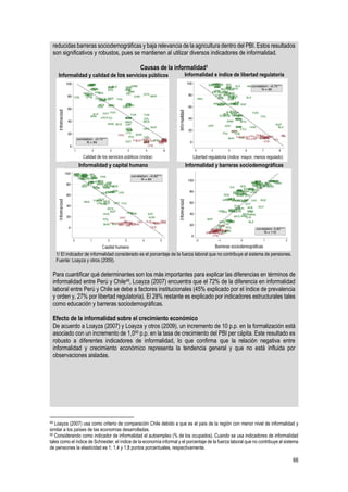 66
49 Loayza (2007) usa como criterio de comparación Chile debido a que es el país de la región con menor nivel de informalidad y
similar a los países de las economías desarrolladas.
50 Considerando como indicador de informalidad el autoempleo (% de los ocupados). Cuando se usa indicadores de informalidad
tales como el índice de Schneider, el índice de la economía informal y el porcentaje de la fuerza laboral que no contribuye al sistema
de pensiones la elasticidad es 1; 1,4 y 1,8 puntos porcentuales, respectivamente.
reducidas barreras sociodemográficas y baja relevancia de la agricultura dentro del PBI. Estos resultados
son significativos y robustos, pues se mantienen al utilizar diversos indicadores de informalidad.
Causas de la informalidad1
Informalidad y calidad de los servicios públicos Informalidad e índice de libertad regulatoria
Informalidad y capital humano Informalidad y barreras sociodemográficas
1/ El indicador de informalidad considerado es el porcentaje de la fuerza laboral que no contribuye al sistema de pensiones.
Fuente: Loayza y otros (2009).
Para cuantificar qué determinantes son los más importantes para explicar las diferencias en términos de
informalidad entre Perú y Chile49, Loayza (2007) encuentra que el 72% de la diferencia en informalidad
laboral entre Perú y Chile se debe a factores institucionales (45% explicado por el índice de prevalencia
y orden y, 27% por libertad regulatoria). El 28% restante es explicado por indicadores estructurales tales
como educación y barreras sociodemográficas.
Efecto de la informalidad sobre el crecimiento económico
De acuerdo a Loayza (2007) y Loayza y otros (2009), un incremento de 10 p.p. en la formalización está
asociado con un incremento de 1,050 p.p. en la tasa de crecimiento del PBI per cápita. Este resultado es
robusto a diferentes indicadores de informalidad, lo que confirma que la relación negativa entre
informalidad y crecimiento económico representa la tendencia general y que no está influida por
observaciones aisladas.
 