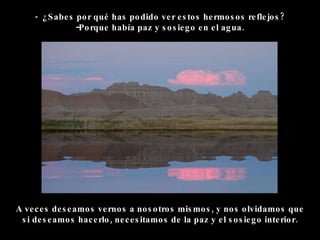 -  ¿Sabes por qué has podido ver estos hermosos reflejos? Porque había paz y sosiego en el agua.   A veces deseamos vernos a nosotros mismos, y nos olvidamos que si deseamos hacerlo, necesitamos de la paz y el sosiego interior.   