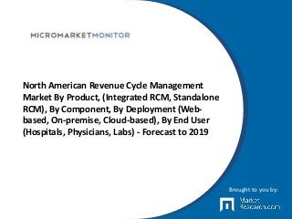 North American Revenue Cycle Management
Market By Product, (Integrated RCM, Standalone
RCM), By Component, By Deployment (Web-
based, On-premise, Cloud-based), By End User
(Hospitals, Physicians, Labs) - Forecast to 2019
Brought to you by:
 