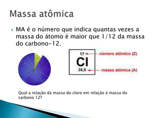 MA é o número que indica quantas vezes a massa do átomo é maior que 1/12 da massa do carbono-12.Massa atômicaQual a relação da massa do cloro em relação à massa do carbono 12?