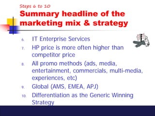 Steps 6 to 10

Summary headline of the
marketing mix & strategy
6.    IT Enterprise Services
7.    HP price is more often ...