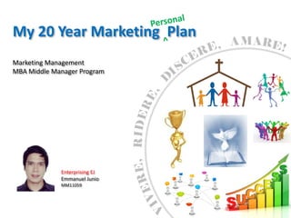 My 20 Year Marketing Plan
                                   MA
Marketing Management
MBA Middle Manager Program




                               ,

             Enterprising EJ
             Emmanuel Junio
             MM11059
 