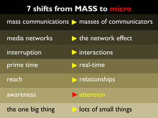 7 shifts from MASS to micro
mass communications   masses of communicators

media networks        the network effect

interruption          interactions
prime time            real-time

reach                 relationships

awareness             attention

the one big thing     lots of small things
 