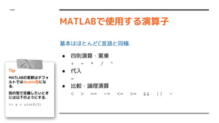 MATLABʹä
ϤۤȤCZͬ.
 Ąt?ہ\
+ - * / ^
 
=
 ^?Փ
< > == ~= <= >= && || ~
Tip
MATLABΉϥǥե
ȤǤdoubleͤˤ
.
eͤǶxȤ
ˤ¤Τ褦ˤ.
>> a = uint8(3)
 