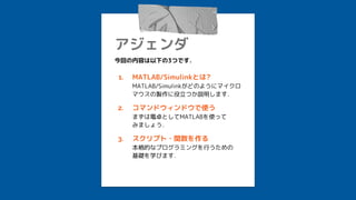
ؤݤ¤3ĤǤ
1. Ѵճ/ܱ԰Ȥ?
MATLAB/SimulinkɤΤ褦˥ޥ
ޥuĤhޤ
2. ޥɥɥʹ
ޤ׿ȤMATLABʹä
ߤޤ礦
3. ץ?v
Ĥʥץߥ󥰤Ф
AѧӤޤ
 