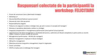 Raspunsuri colectate de la participantii la
workshop: FELICITARI!
• Proces de comunicare clara a obiectivelor strategice
• Workshop-uri
• Alocare/Identificare/Implicare sponsor proiect
• Alocarea de roluri clare pe proces
• Responsabilizarea angajilor
• Trebuie sa ne asiguram ca exista o strategie clara, pe care o cunosc si o accepta toti managerii
• Alinierea si cascadarea obiectivelor, conform cu strategia
• Integrarea competentelor in managementul performantei (omul potrivit la locul potrivit)
• Legand procesul de talent management cu rezultatele de business, subliniind cum fiecare competenta in parte sustine un anumit
impact, creeaza un anumit rezultat de business
• Managementul performantei – HR KPIs (for managers)
• Motivare management si implicare in decizii strategice
• 360 pentru management
• Obiective pe termen lung pentru management, impact in organizatie
• Career committee
• HR BP se implica activ si challenges the managers
 