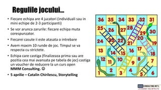 Regulile jocului…
• Fiecare echipa are 4 jucatori (individuali sau in
mini echipe de 2-3 participanti)
• Se vor arunca zarurile: fiecare echipa muta
corespunzator.
• Fiecarei casute ii este atasata o intrebare
• Avem maxim 10 runde de joc. Timpul se va
respecta cu strictete.
• Echipa care castiga (finalizeaza prima sau are
pozitia cea mai avansata pe tabela de joc) castiga
un voucher de reducere la un curs open
MMM Consulting. 
• 5 aprilie – Catalin Chirilescu, Storytelling
 