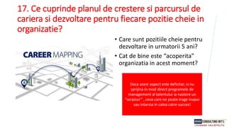 17. Ce cuprinde planul de crestere si parcursul de
cariera si dezvoltare pentru fiecare pozitie cheie in
organizatie?
• Care sunt pozitiile cheie pentru
dezvoltare in urmatorii 5 ani?
• Cat de bine este “acoperita”
organizatia in acest moment?
Daca acest aspect este deficitar, si nu
sprijina in mod direct programele de
management al talentului ia nastere un
“serpisor” , ceva care ne poate trage inapoi
sau intarzia in calea catre succes!
 