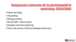 • Sistem de rating
• Job grading
• Skill gap analysis
• Discutii 360 + talent review
• Strategic work force planning
• Parcurs de cariera, aliniat la strategia de business
Raspunsuri colectate de la participantii la
workshop: FELICITARI!
 