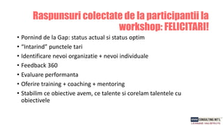• Pornind de la Gap: status actual si status optim
• “Intarind” punctele tari
• Identificare nevoi organizatie + nevoi individuale
• Feedback 360
• Evaluare performanta
• Oferire training + coaching + mentoring
• Stabilim ce obiective avem, ce talente si corelam talentele cu
obiectivele
Raspunsuri colectate de la participantii la
workshop: FELICITARI!
 