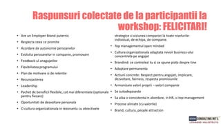 • Are un Employer Brand puternic
• Respecta ceea ce promite
• Acordare de autonomie persoanelor
• Evolutia persoanelor in companie, promovare
• Feedback-ul anagajatilor
• Flexibiliatea programului
• Plan de motivare si de retentie
• Recunoasterea
• Leadership
• Pachet de beneficii flexibile, cat mai diferentiate (optionale
pentru fiecare)
• Oportunitati de dezvoltare personala
• O cultura organizationala in rezonanta cu obiectivele
strategice si viziunea companiei la toate nivelurile:
individual, de echipa, de companie.
• Top managementul open minded
• Cultura organizationala adaptata nevoii business-ului
concentrata pe angajat
• Brandind: ce controlezi tu si ce spune piata despre tine
• Adaptare permanenta
• Actiuni concrete: Respect pentru angajati, implicare,
dezvoltare, fairness, respecta promisiunile
• Armonizare valori proprii – valori companie
• Se autodepaseste
• Sa aiba o consistenta in abordare, in HR, si top management
• Procese aliniate (cu valorile)
• Brand, cultura, people attraction
Raspunsuri colectate de la participantii la
workshop: FELICITARI!
 