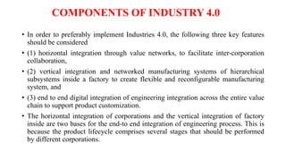 COMPONENTS OF INDUSTRY 4.0
• In order to preferably implement Industries 4.0, the following three key features
should be considered
• (1) horizontal integration through value networks, to facilitate inter-corporation
collaboration,
• (2) vertical integration and networked manufacturing systems of hierarchical
subsystems inside a factory to create flexible and reconfigurable manufacturing
system, and
• (3) end to end digital integration of engineering integration across the entire value
chain to support product customization.
• The horizontal integration of corporations and the vertical integration of factory
inside are two bases for the end-to end integration of engineering process. This is
because the product lifecycle comprises several stages that should be performed
by different corporations.
 