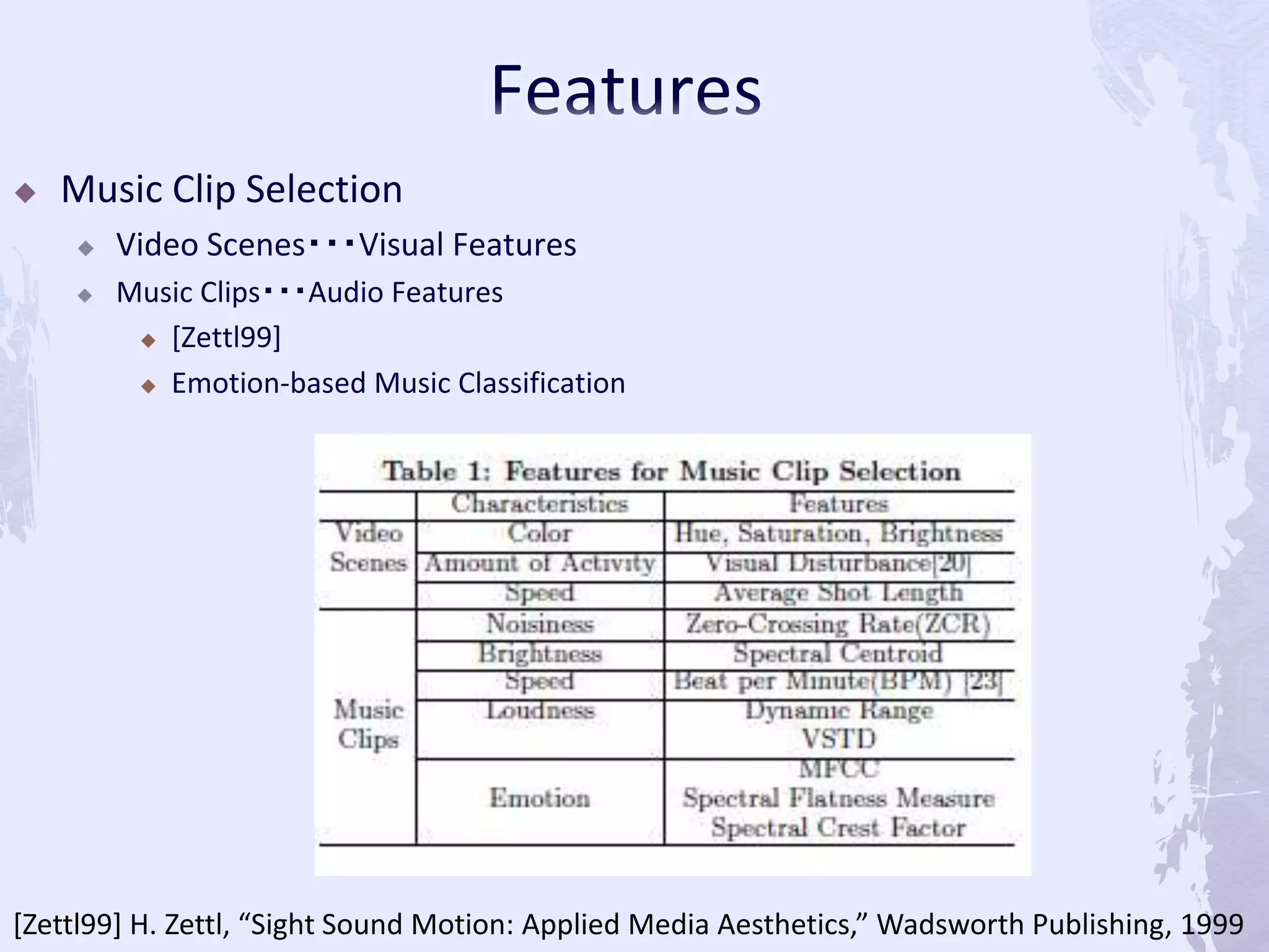  Music Clip Selection
 Video Scenes・・・Visual Features
 Music Clips・・・Audio Features
 [Zettl99]
 Emotion-based Music Classification
[Zettl99] H. Zettl, “Sight Sound Motion: Applied Media Aesthetics,” Wadsworth Publishing, 1999
 