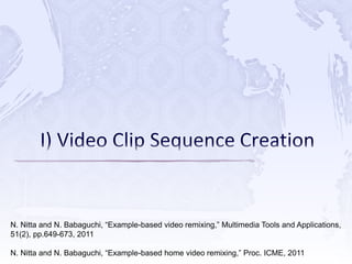 N. Nitta and N. Babaguchi, “Example-based video remixing,” Multimedia Tools and Applications,
51(2), pp.649-673, 2011
N. Nitta and N. Babaguchi, “Example-based home video remixing,” Proc. ICME, 2011
 