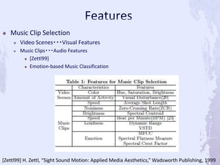  Music Clip Selection
 Video Scenes・・・Visual Features
 Music Clips・・・Audio Features
 [Zettl99]
 Emotion-based Music Classification
[Zettl99] H. Zettl, “Sight Sound Motion: Applied Media Aesthetics,” Wadsworth Publishing, 1999
 