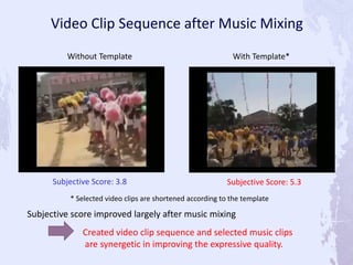 Subjective Score: 3.8 Subjective Score: 5.3
With Template*Without Template
Video Clip Sequence after Music Mixing
Subjective score improved largely after music mixing
Created video clip sequence and selected music clips
are synergetic in improving the expressive quality.
* Selected video clips are shortened according to the template
 