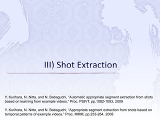 Y. Kurihara, N. Nitta, and N. Babaguchi, “Automatic appropriate segment extraction from shots
based on learning from example videos,” Proc. PSIVT, pp.1082-1093, 2009
Y. Kurihara, N. Nitta, and N. Babaguchi, “Appropriate segment extraction from shots based on
temporal patterns of example videos,” Proc. MMM, pp.253-264, 2008
 
