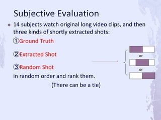  14 subjects watch original long video clips, and then
three kinds of shortly extracted shots:
①Ground Truth
②Extracted Shot
③Random Shot
in random order and rank them.
(There can be a tie)
or
or
 
