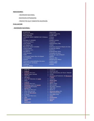 INDICADORES:
- INVERSION NACIONAL
-INVERSION EXTRANGERA
- PROYECTOS QUE FOMENTEN INVERSION
EVALUACION
- INVERSION NACIONAL:
 