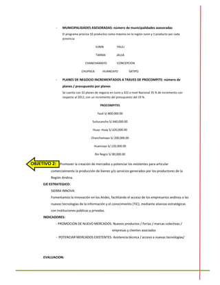 - MUNICIPALIDADES ASESORADAS: número de municipalidades asesoradas
El programa prioriza 10 productos como máximo en la región Junin y 1 producto por cada
provincia
JUNIN YAULI
TARMA JAUJA
CHANCHAMAYO CONCEPCION
CHUPACA HUANCAYO SATIPO
- PLANES DE NEGOCIO INCREMENTADOS A TRAVES DE PROCOMPITE: número de
planes / presupuesto por planes
Se cuenta con 32 planes de negocio en Junin y 322 a nivel Nacional 35 % de incremento con
respecto al 2012, con un incremento del presupuesto del 19 %.
PROCOMPITES
Yauli S/.800,000.00
Suitucancha S/.640,000.00
Huay- Huay S/.620,000.00
Chanchamayo S/.200,000.00
Huancayo S/.120,000.00
Río Negro S/.80,000.00
OBJETIVO 2: Promover la creación de mercados y potenciar los existentes para articular
comercialmente la producción de bienes y/o servicios generados por los productores de la
Región Andina.
EJE ESTRATEGICO:
SIERRA INNOVA:
Fomentamos la innovación en los Andes, facilitando el acceso de los empresarios andinos a las
nuevas tecnologías de la información y el conocimiento (TIC), mediante alianzas estratégicas
con instituciones públicas y privadas.
INDICADORES:
- PROMOCION DE NUEVO MERCADOS: Nuevos productos / Ferias / marcas colectivas /
empresas y clientes asociados
- POTENCIAR MERCADOS EXISTENTES: Asistencia técnica / acceso a nuevas tecnologías/
EVALUACION:
 